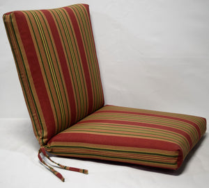 1 piece hinged, 22 wide x 25 deep (seat) x 25 high (back) x 4 thick burgundy green stripe print